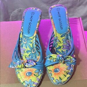 Gossip Blue Floral Knot Slide Mules.  7.5